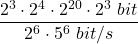 \displaystyle \frac{2^3\cdot 2^4\cdot 2^{20}\cdot 2^3\ bit}{2^6\cdot 5^6\ bit/s}