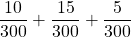 \displaystyle \frac{10}{300} + \frac{15}{300}+\frac{5}{300}