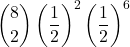 \displaystyle {8 \choose 2}\left(\frac{1}{2}\right)^{2}\left(\frac{1}{2}\right)^{6}