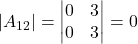 \displaystyle |A_{12}| = \begin{vmatrix}0 & 3 \\0 & 3\end{vmatrix} = 0