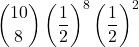 \displaystyle {10 \choose 8}\left(\frac{1}{2}\right)^{8}\left(\frac{1}{2}\right)^{2}
