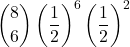 \displaystyle {8 \choose 6}\left(\frac{1}{2}\right)^6\left(\frac{1}{2}\right)^2