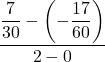 \displaystyle \frac{\displaystyle \frac{7}{30}-\left(\displaystyle-\frac{17}{60}\right)}{2-0}