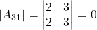 \displaystyle |A_{31}| = \begin{vmatrix}2 & 3 \\2 & 3\end{vmatrix} = 0