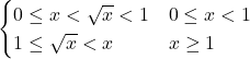 \begin{cases}0 \le x < \sqrt{x} < 1 & 0 \le x < 1\\1 \le \sqrt{x} < x & x \ge1\end{cases}