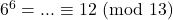 6^6 = ... \equiv  12\ (\text{mod}\ 13)