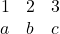 \begin{array}{rcl}1 & 2 & 3 \\ a & b & c \end{array}
