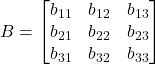\displaystyle B = \begin{bmatrix}b_{11} & b_{12} & b_{13} \\b_{21} & b_{22} & b_{23} \\b_{31} & b_{32} & b_{33}\end{bmatrix}