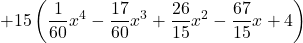 +15 \left(\displaystyle \frac{1}{60} x^4 -\frac{17}{60} x^3 +\frac{26}{15} x^2 -\frac{67}{15} x + 4 \right)