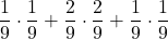 \displaystyle \frac{1}{9}\cdot \frac{1}{9}+\frac{2}{9}\cdot \frac{2}{9}+\frac{1}{9}\cdot \frac{1}{9}