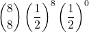 \displaystyle {8 \choose 8}\left(\frac{1}{2}\right)^8\left(\frac{1}{2}\right)^0
