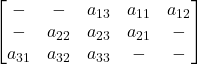 \displaystyle \begin{bmatrix}- & - & a_{13} & a_{11} & a_{12}\\- & a_{22} & a_{23} & a_{21} & -\\a_{31} & a_{32} & a_{33} & - & -\end{bmatrix}